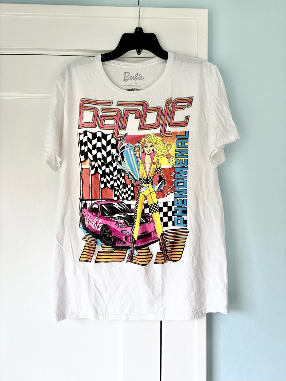 Mattel Barbie Phenomenal 1959 Racing T-Shirt White Large RX7 Car Retro